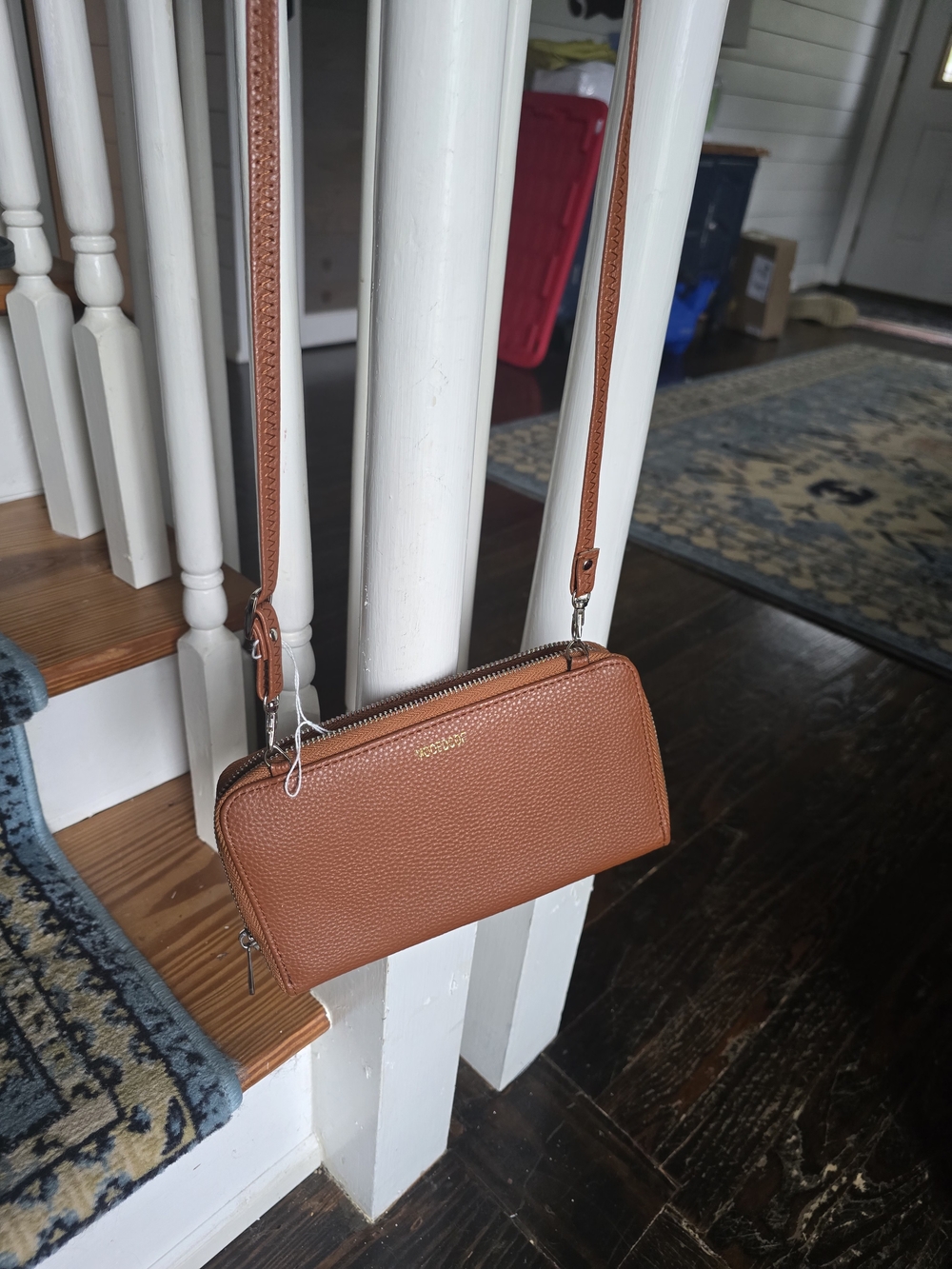 Mooedcoe Pebbled Leather Crossbody in Saddle Brown